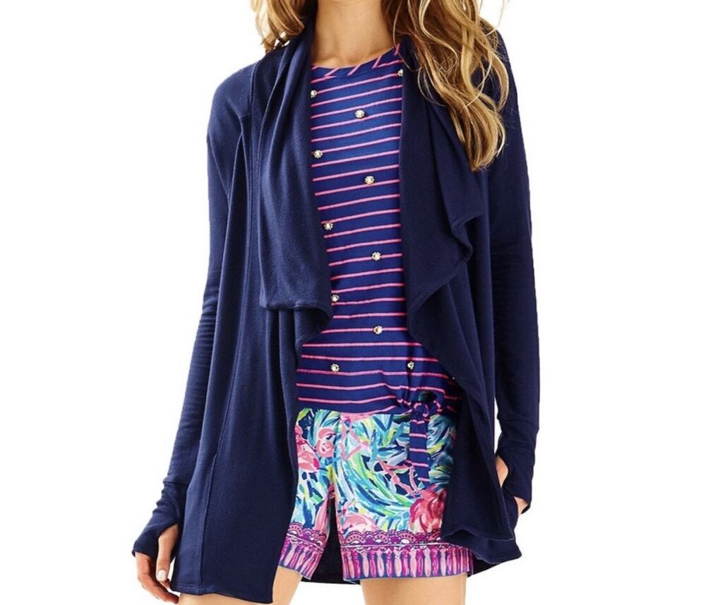 Lilly Pulitzer Navy Blue Modal Elyssa Wrap Open Drape Cardigan Flowy Size XS